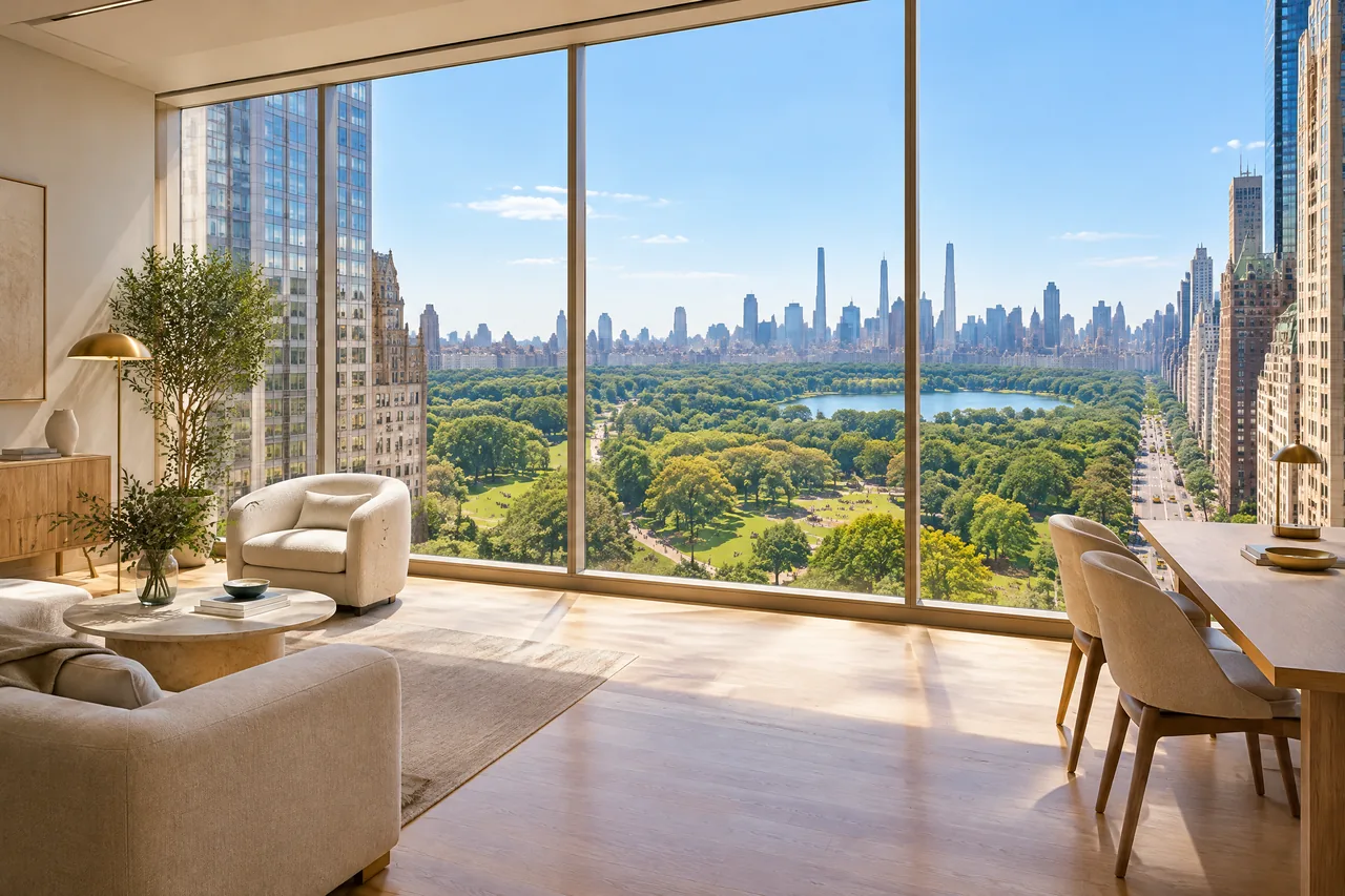 Jasne biuro w wieżowcu z panoramicznym widokiem na Central Park i Manhattan