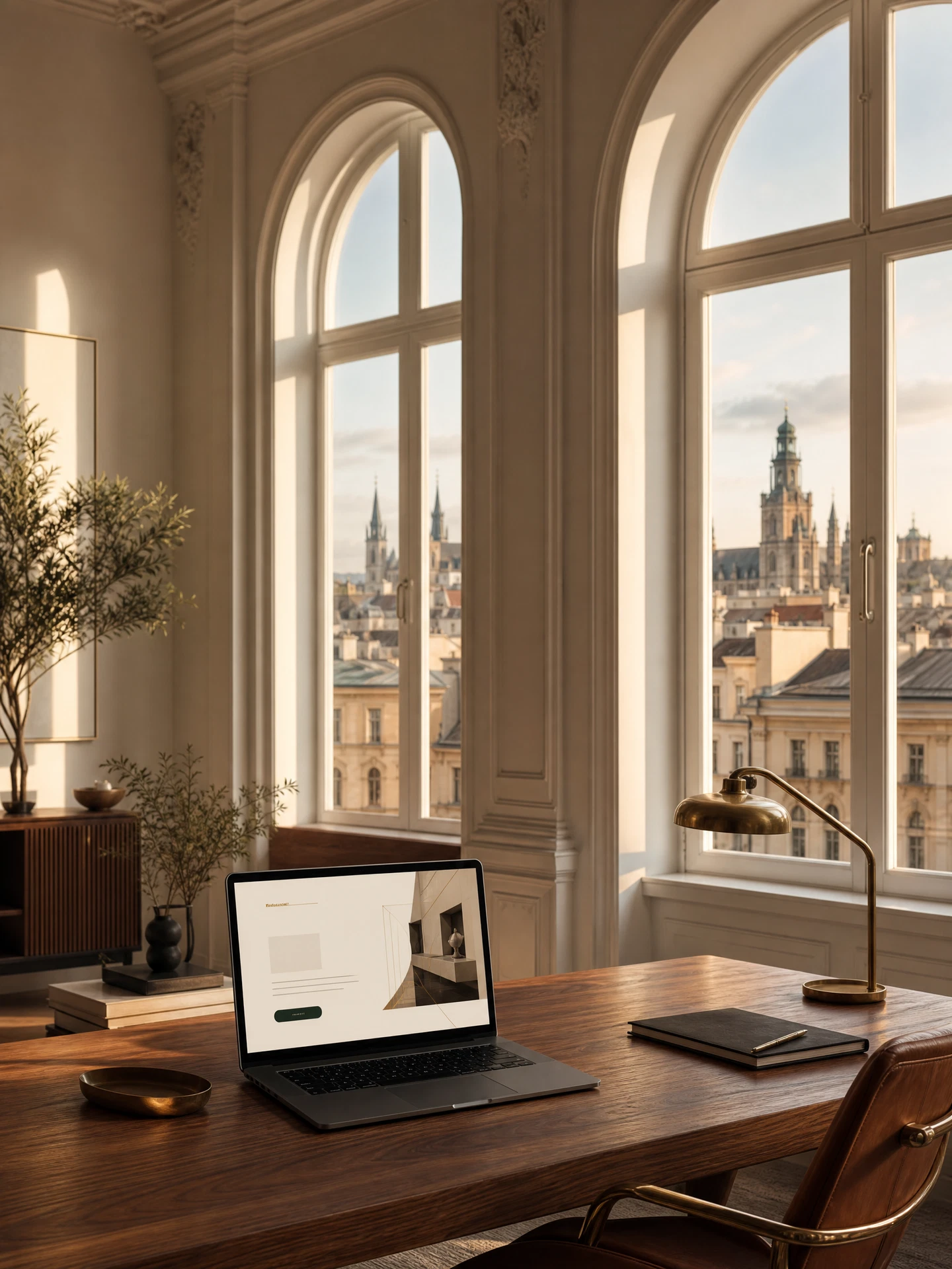 Pionowy widok biura Avenir Web z laptopem prezentującym stronę i panoramą miasta za oknem